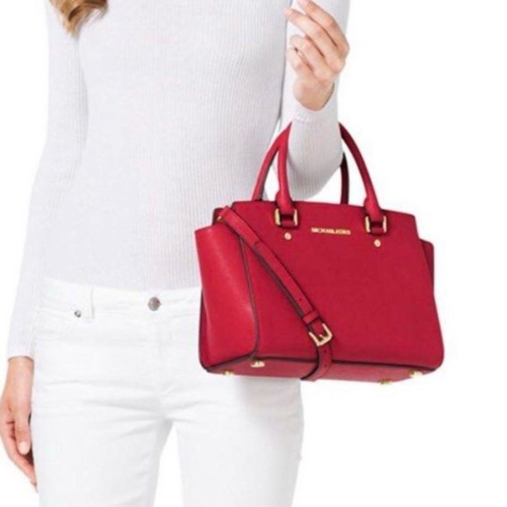 Michael Kors Red Selma Saffiano Satchel with Gold Hardware - Picture 8 of 12